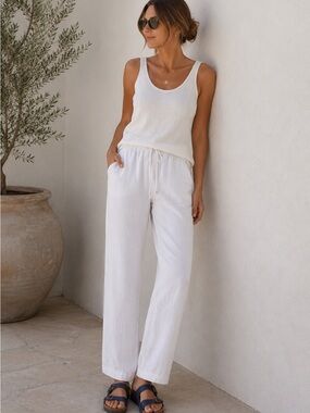 Tenth & Ocean 100% Linen White Drawstring Beach Pants Women’s Size S